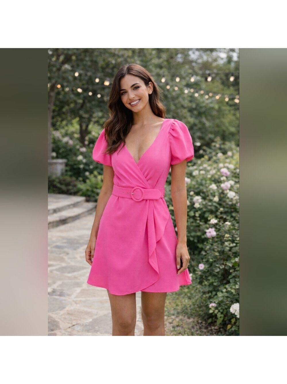 Amanda Uprichard Durand Mini Dress – Shocking Pink Wrap Dress w/ Belt – Women’s